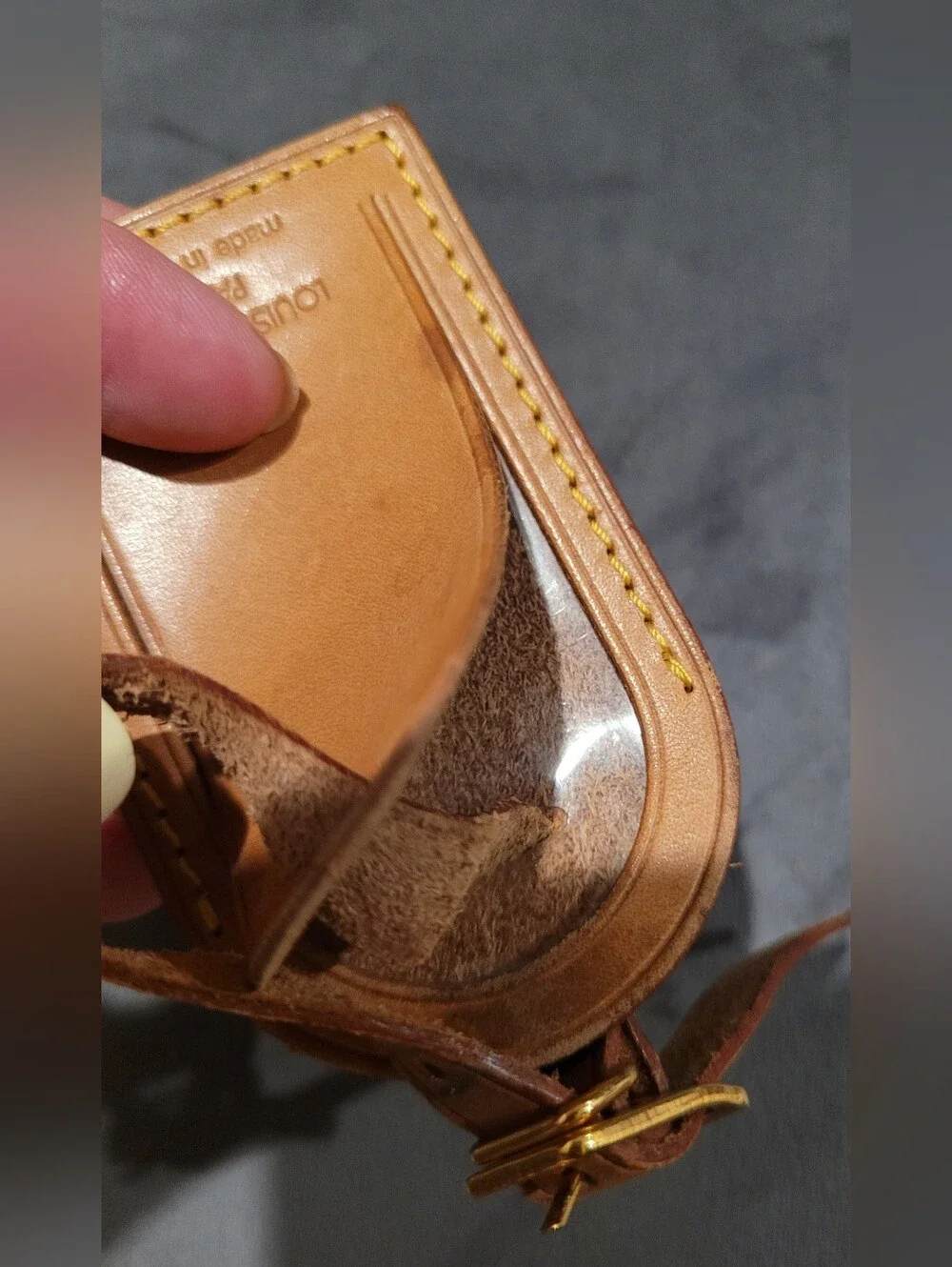 Louis Vuitton Tan Leather Luggage Tag with Yellow Stitching